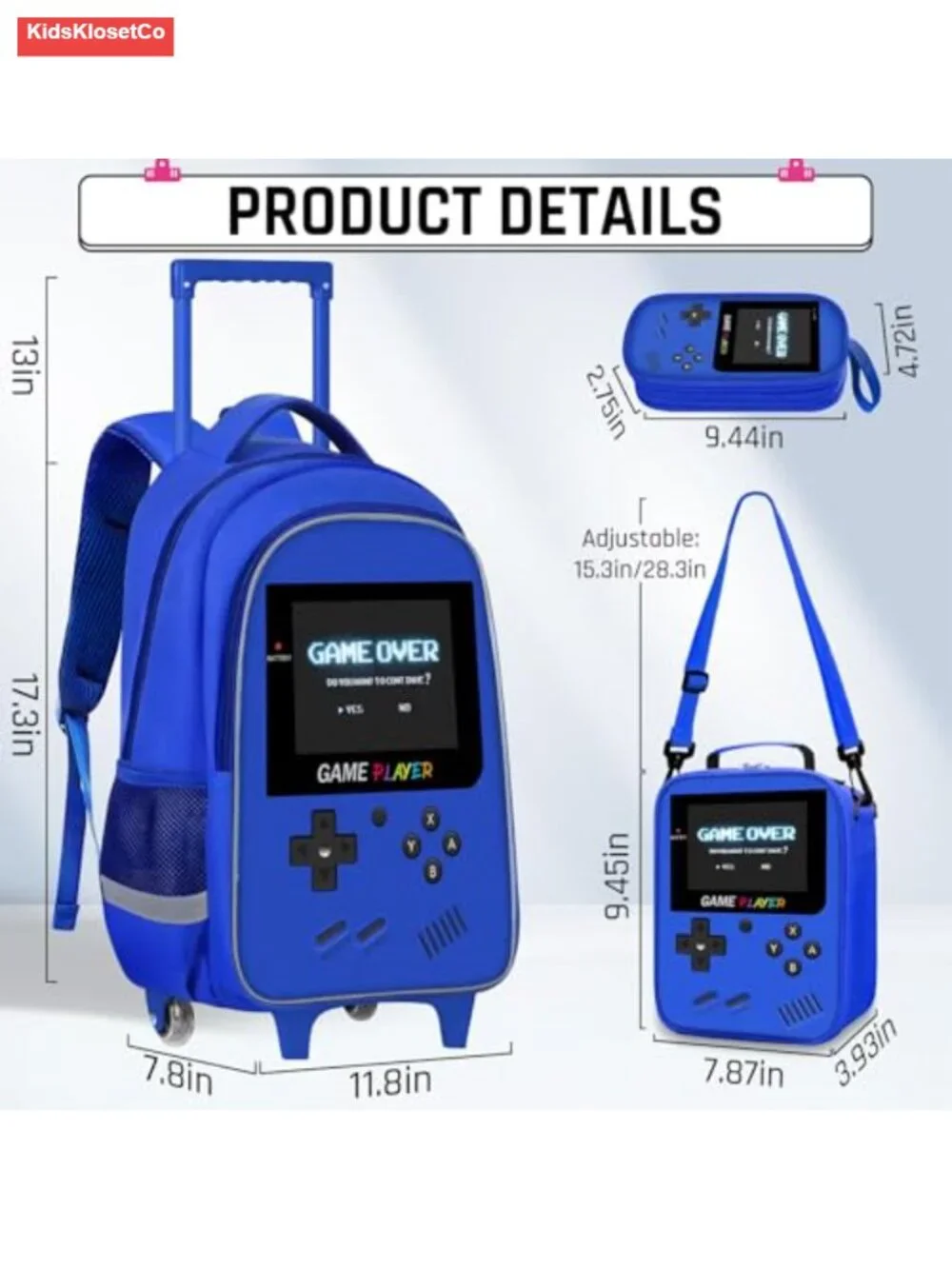3-in-1 Kids Rolling Backpack Set for Boys Gamer Lunch Bag School Travel
